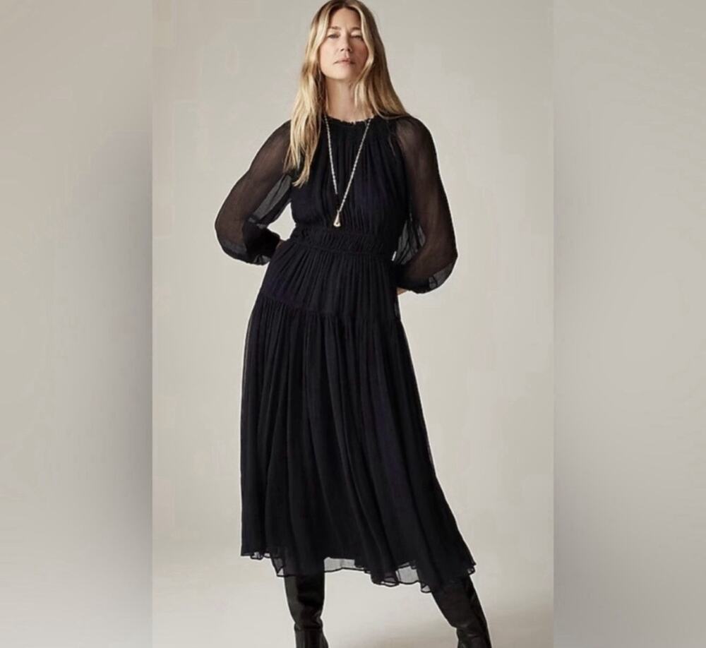 J.CREW Women's 2XL Crinkle Chiffon Sheer Long Sleeve Dress Maxi Black Formal